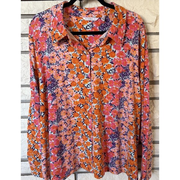 Isaac Mizrahi Live XL Floral Button Front Blouse Long Sleeve Cotton Spandex Top - Picture 1 of 8